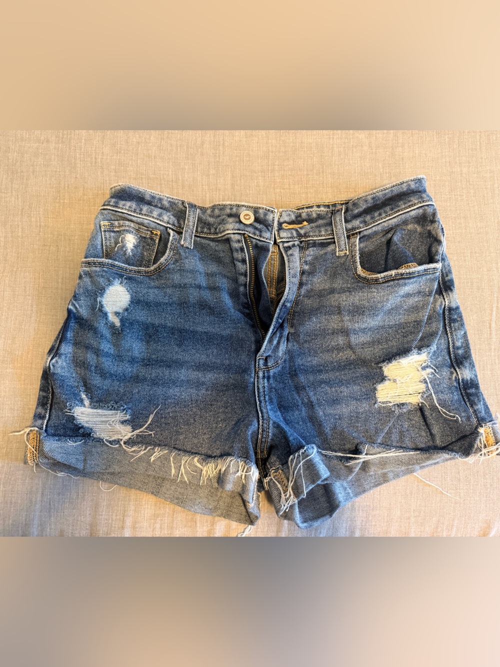 Hollister Distressed High-Rise Denim Shorts - Blue
